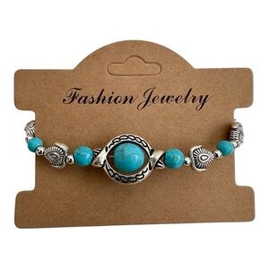 New Boho Faux Turquoise & Silver Tone Bracelet Vintage Inspired Adjustable